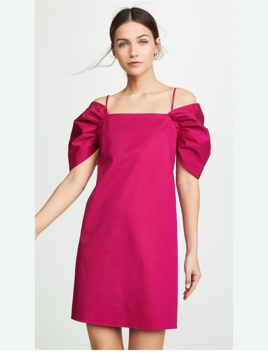 Theory Fuchsia Off-Shoulder Mini Dress With Puff Sleeves